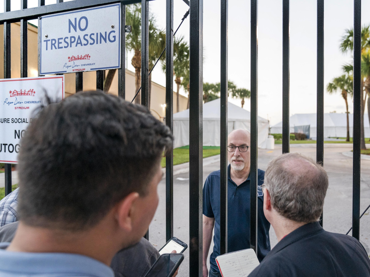 Feb 23, 2022; Jupiter, FL, USA; Major League Baseball Players Association chief negotiator Bruce Meyer talks to reporters about contract negotiations at Roger Dean Stadium in Jupiter, Florida.